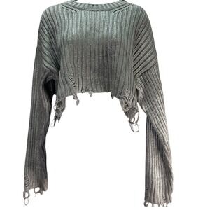 Zara Distressed Cropped Sweater Top L Silver Metallic Ribbed Knit Grunge Edgy